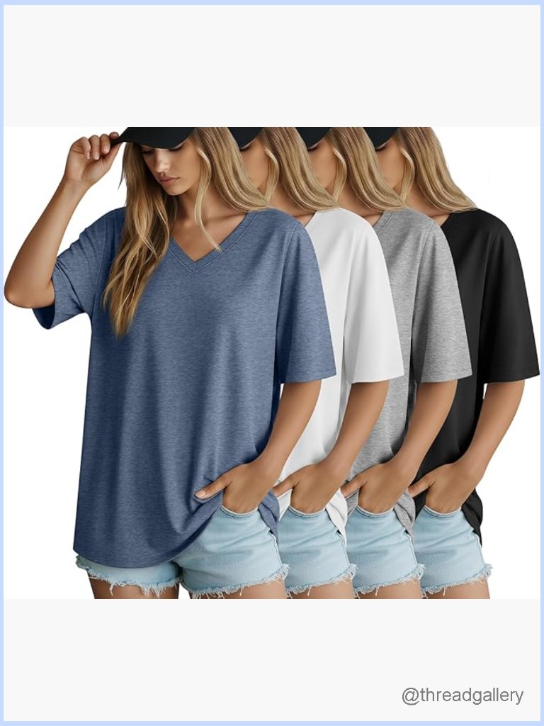 4 Pack Oversized V Neck Cotton T Shirts Loose Tees Summer Casual